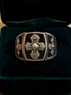 Men's Silver Cross Statement Ring with Black Enamel Inlay